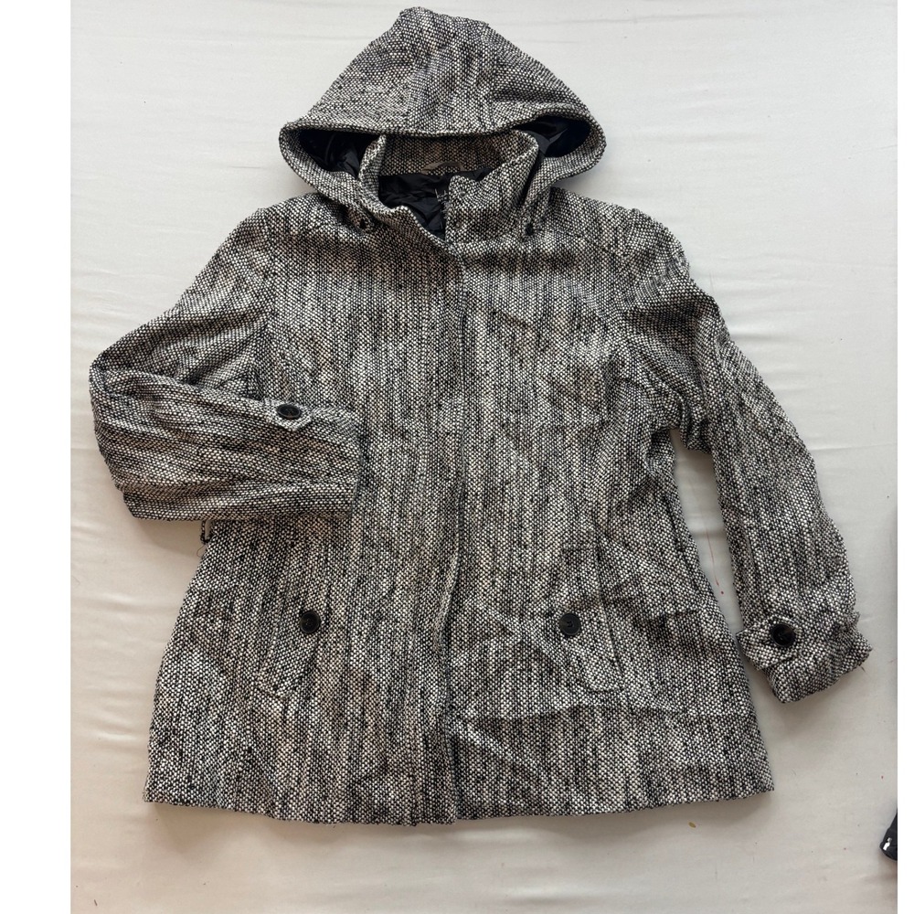 Nicole Miller New York Womens XXL Black White Tweed Hooded Zip Front Jacket Coat
